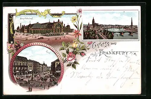 Lithographie Frankfurt a. M., Teilansicht, Hauptbahnhof, Strasse Zeil mit Pferdebahn