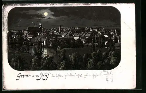 Lithographie Hof, Teilansicht bei Mondschein