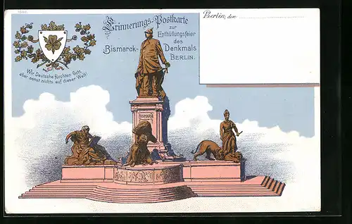 Lithographie Berlin, Erinnerungs-Postkarte zur Enthüllungsfeier des Bismarck-Denkmals