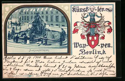 Künstler-AK Berlin, Schlossbrunnen, Künstler-Wappen
