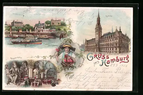 Lithographie Hamburg-St. Pauli, Gasthaus Fährhaus mit Seemannshaus, Seewarte, Seemannshaus und Landungsbrücken