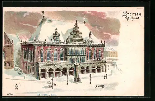 Lithographie Bremen, Rathaus mit Denkmal