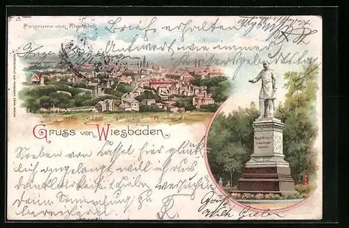Lithographie Wiesbaden, Panorama vom Gasthaus Rheinblick, Denkmal Kaiser Wilhelm I.