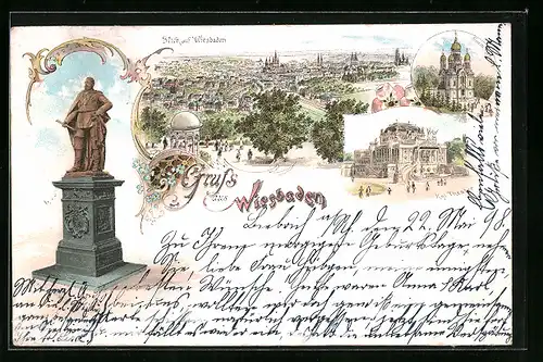 Lithographie Wiesbaden, Königliches Theater, Griechische Kapelle, Denkmal