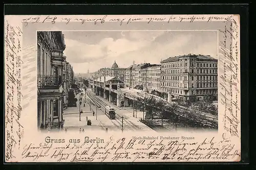 AK Berlin, Hoch-Bahnhof Potsdamer Strasse mit Strassenbahn