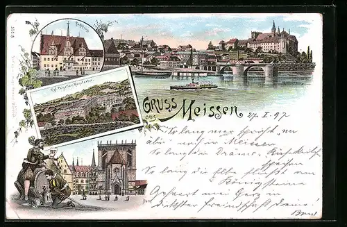 Lithographie Meissen, Rathaus, Porzellan-Manufaktur