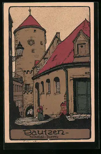 Steindruck-AK Bautzen, Nikolai-Turm