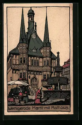 Steindruck-AK Wernigerode, Markt mit Rathaus