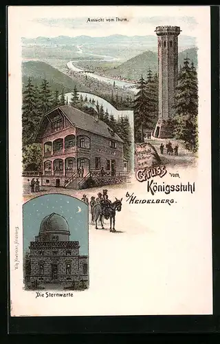 Lithographie Heidelberg, Gasthaus zum Königsstuhl, Aussicht vom Turm, Sternwarte