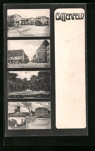 AK Bitterfeld, Bahnhof mit Anlagen, Markt- und Halleschestrasse