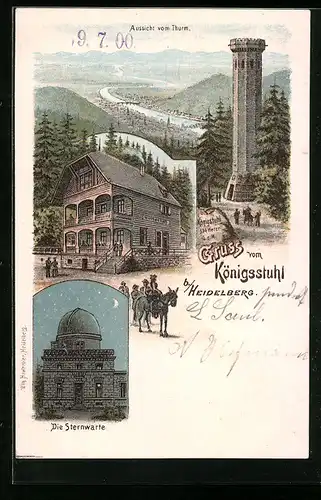 Lithographie Heidelberg, Gasthaus zum Königsstuhl, Aussicht vom Turm, Sternwarte