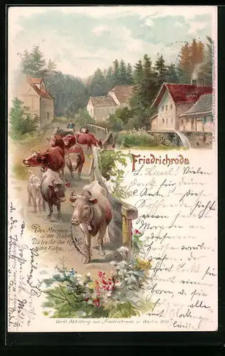 Lithographie Friedrichroda, Kühe im Ort