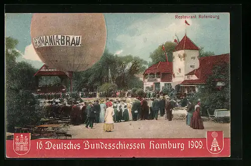 AK Hamburg, 16. Deutsches Bundesschiessen 1900, Schützenfest, Ballon Germania-Bräu, Restaurant Rotenburg