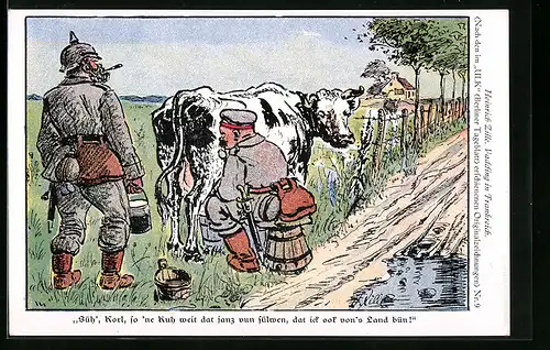 Künstler-AK Heinrich Zille: Soldaten melken eine Kuh