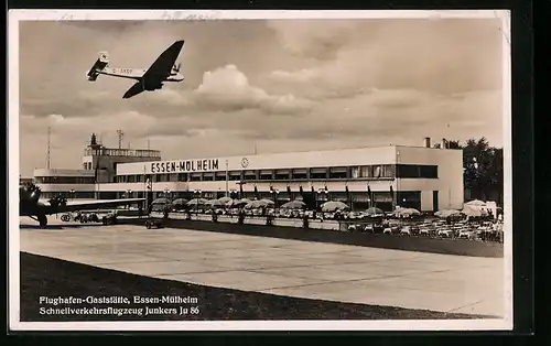 AK Essen-Mülheim, Schnellverkehrsflugzeug Junkers Ju 86 beim Überflug der Flughafen-Gaststätte