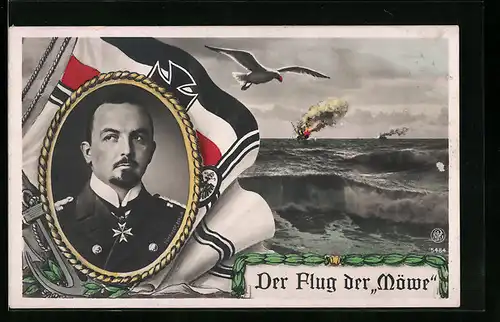 AK Korvettenkapitän Graf Dohna Schlodien mit Kriegsschiff, Der Flug der Möwe