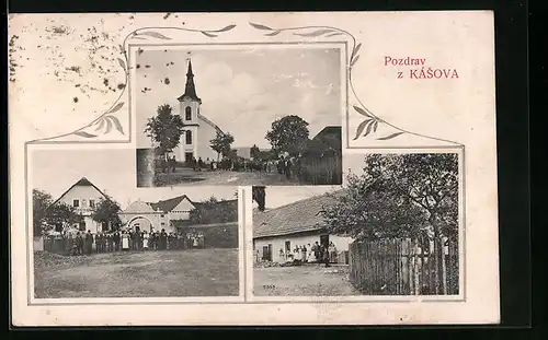 AK Kasov, Kirche mit Einwohnergruppe, Gasthaus mit Einwohnergruppe