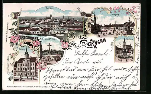 Lithographie Rokycany, Teilansicht, Hauptplatz, Schwarzes Kreuz, Pfarrkirche