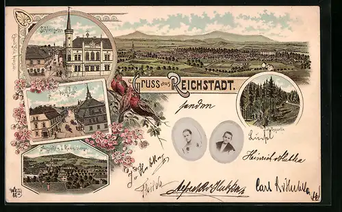 Lithographie Reichstadt, Gesamtansicht, Schlossgasse, Postgasse