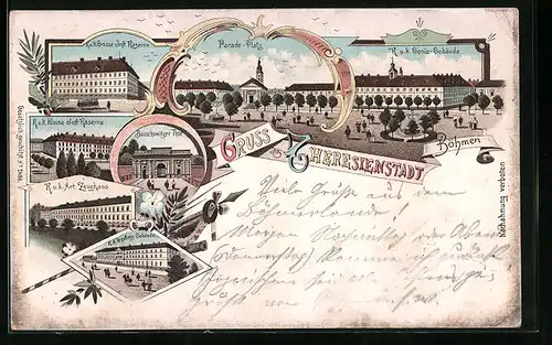 Lithographie Theresienstadt, Parade-Platz, Infanterie-Kasernen, Zeughaus