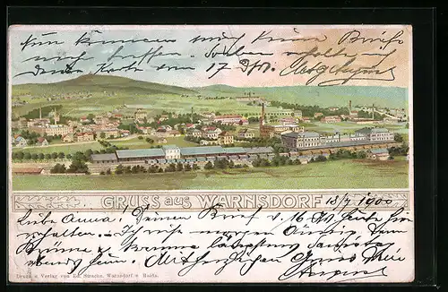Lithographie Warnsdorf, Gesamtansicht mit Umgebung