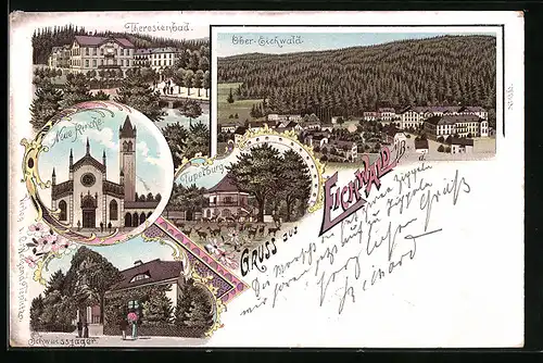 Lithographie Eichwald i. B., Ortsansicht Ober-Eichwald, Theresienbad, Haus Schweissjäger