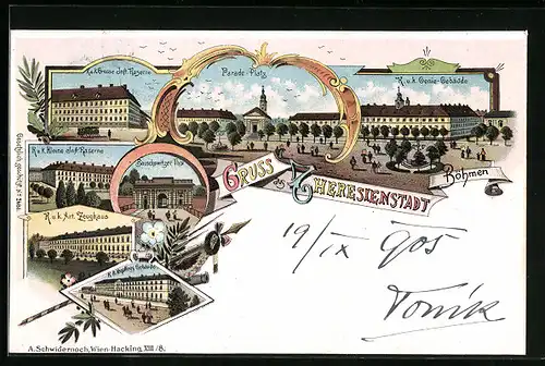 Lithographie Theresienstadt, K. u. k. Genie-Gebäude, Parade-Platz, Zeughaus