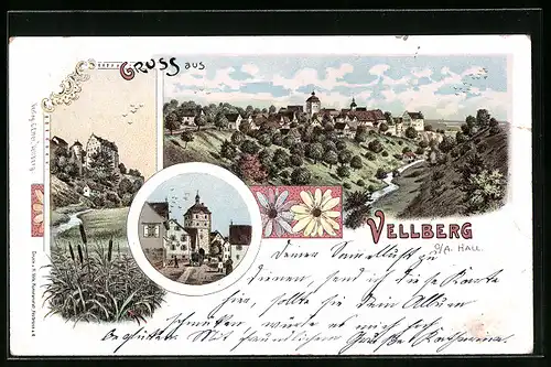 Lithographie Vellberg O. A. Hall, Teilansicht, Ortspartien