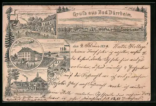 Lithographie Bad Dürrheim, Hotel zur Saline, Saline-Weiher, Verwaltungsgebäude und II. Siedhaus