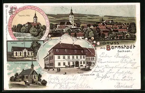 Lithographie Bernstadt /Sachsen, Gasthof zum braunen Hirsch, Pliessnitz-Wehr, Turnhalle