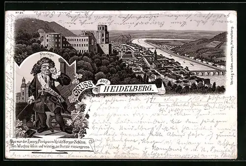 Vorläufer-Lithographie Heidelberg, 1895, Teilansicht mit Heidelberger Schloss, Zwerg Perkeo