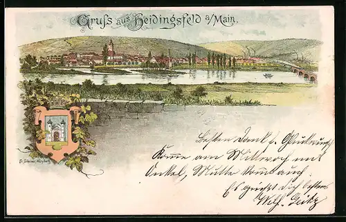 Lithographie Heidingsfeld a. Main, Teilansicht mit Brücke, Wappen