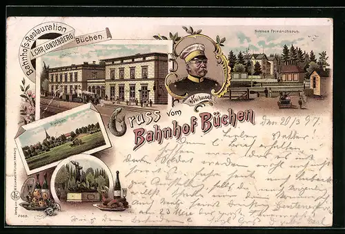 Lithographie Büchen, Bahnhofs-Restaurant Büchen, Schloss Friedrichsruh, Denkmal