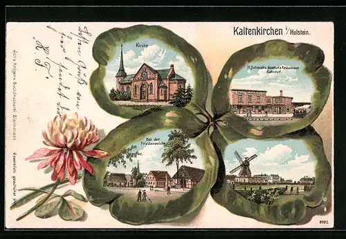 Passepartout-Lithographie Kaltenkirchen i. Holstein, Gasthof & Restaurant zum Bahnhof, Kirche und Windmühle im Kleeblatt