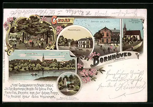 Lithographie Bornhöved i. Holstein, Gasthof zur Linde, Gasthaus Waldkater, Marktplatz