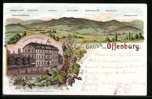 Lithographie Offenburg, Bahnhof-Hotel Offenburg, Panorama mit Durbach, Weingarten und Bühlerstein