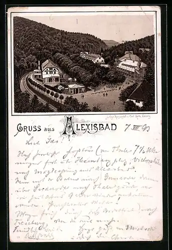 Vorläufer-Lithographie Alexisbad, 1893, Ortspartie mit Kurhotel