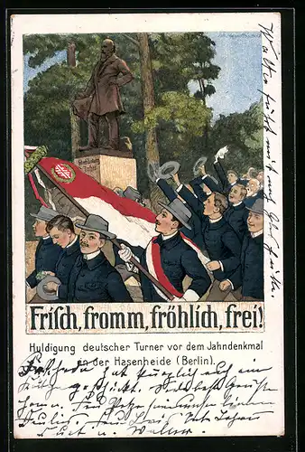 Künstler-AK Leipzig, 12. Deutsches Turnfest 1913, Huldigung deutscher Turner vor dem Jahndenkmal in der Hasenheide