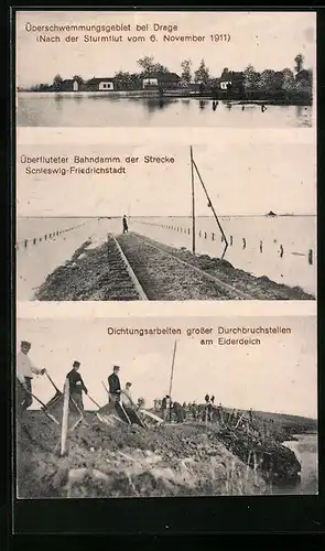 AK Drage, Sturmflut 1911, Überschwemmungsgebiet, Überfluteter Bahndamm der Strecke Schleswig-Friedrichstadt