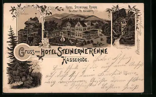 Lithographie Hasserode, Hotel Steinerne Renne, Besitzer: Th. Niewerth