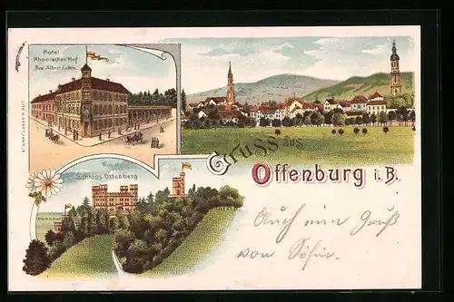 Lithographie Offenburg i. B., Hotel Rheinischer Hof, Schloss Ortenberg