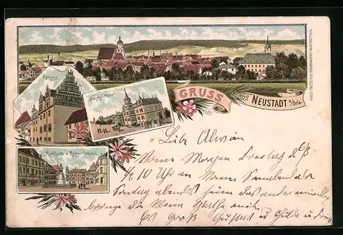 Lithographie Neustadt a. Orla, Ortsansicht, Rathaus, Bahnhofstrasse, Marktplatz mit Kriegerdenkmal