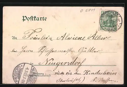 Lithographie Neustadt a. Orla, Ortsansicht, Rathaus, Bahnhofstrasse, Marktplatz mit Kriegerdenkmal