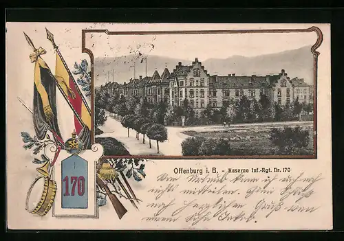 AK Offenburg i. B., Kaserne des Inf. Rgt. Nr. 170 mit Strassenpartie