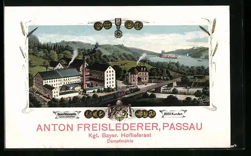 AK Passau, Anton Freislederer Kgl. Bayer. Hoflieferant, Dampfmühle, Dreiflüsseperle