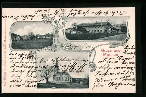 AK Moosen a. Simsee, Ortsansichten mit Kirche