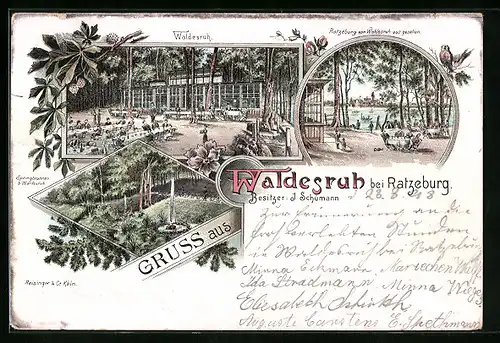 Lithographie Ratzeburg, Gasthaus Waldesruh mit Terrasse