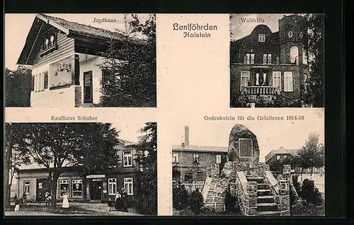 AK Lentföhrden /Holst., Jagdhaus, Waldvilla, Kaufhaus Schober, Gedenkstein für die Gefallenen 1914-18