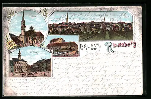 Lithographie Radeberg, Altes Schloss und Amtsgericht, Kirche, Marktplatz