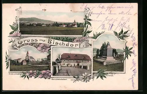 AK Bischdorf, Totalansicht, Denkmal, Gerichtskretscham, Kirche und Schule